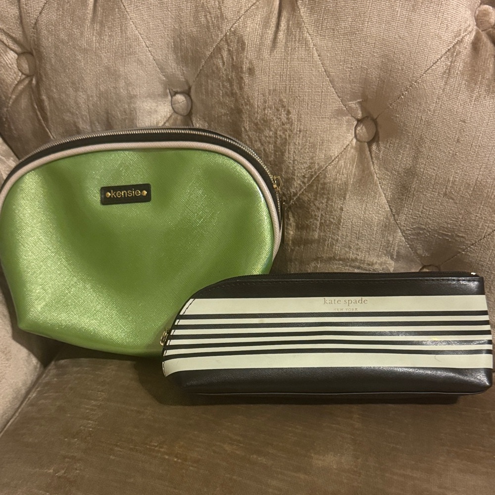 Kate Spade & Kensie Cosmetic Bag Bundle Striped Black White & Lime Green Pouch